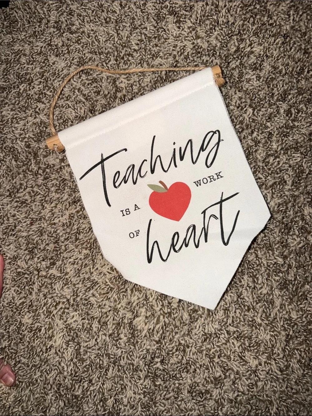 Teaching Is a Work of Heart Canvas Wall Banner - White and Red